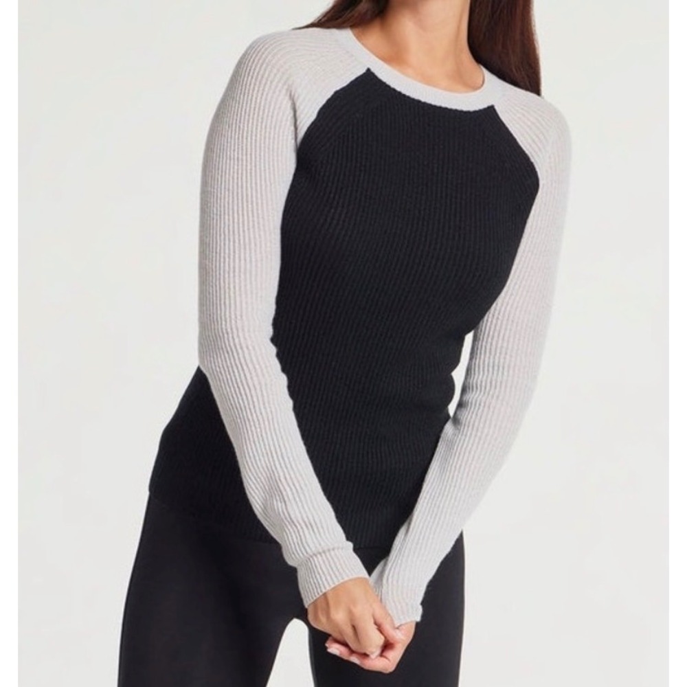 Anatomie Reilly Raglan Sweater 100% Cashmere Black Grey Ribbed Crew Neck L